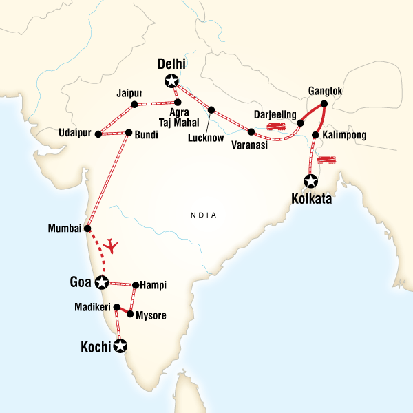 Map of the route for Kolkata to Kochi by Rail