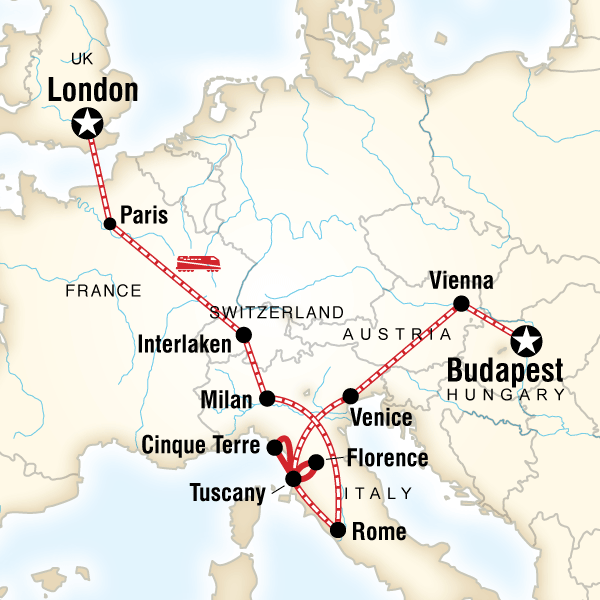 Map of the route for London to Budapest: Waterways, Wine & Bohemian Vibes