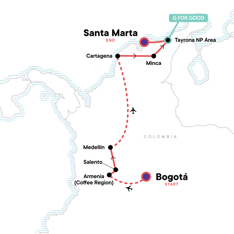 Map of the route for Classic Colombia