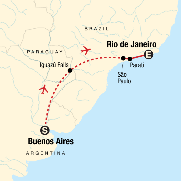 Map of the route for Explore Argentina & Brazil