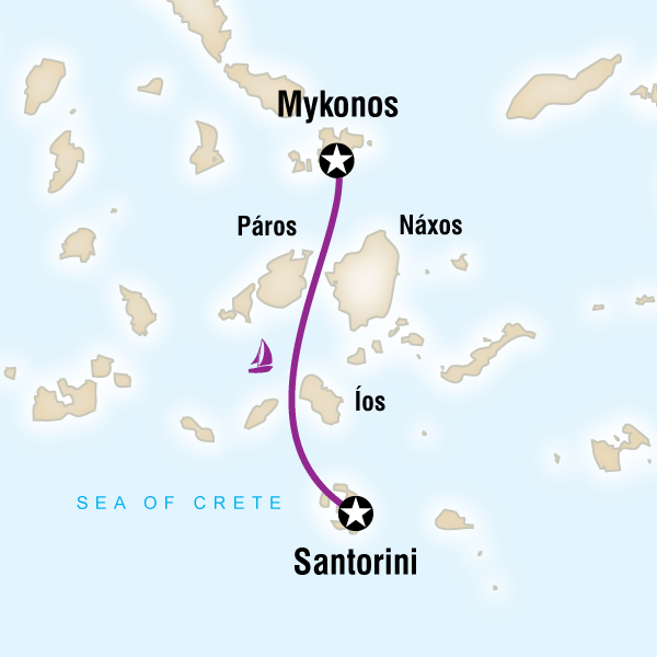 Map of the route for Sailing Greece - Mykonos to Santorini