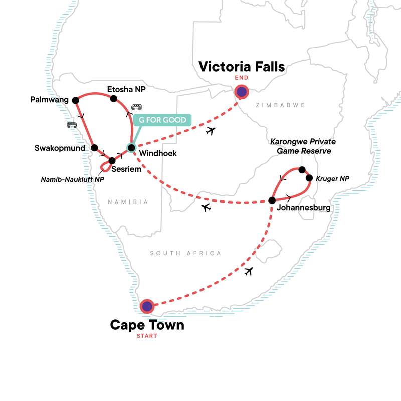 Map of the route for Southern Africa: Cape Town to Vic Falls