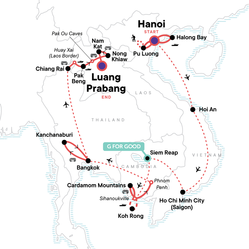 Map of the route for Southeast Asia Immersion: Vietnam, Cambodia, Thailand & Laos