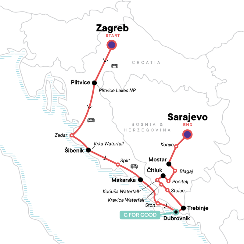 Map of the route for Classic Balkans:  Zagreb to Sarajevo