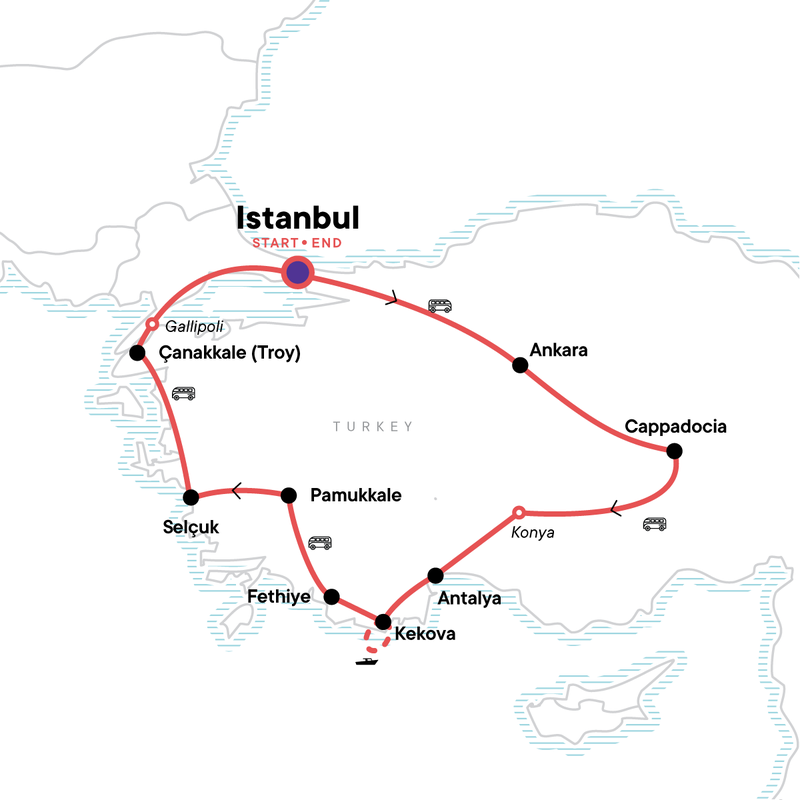 Map of the route for Turkey: Coastlines & Cappadocia