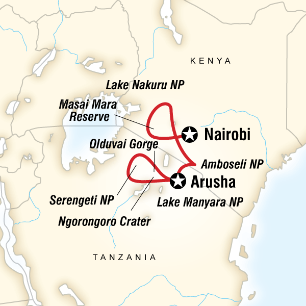 Map of the route for Kenya & Tanzania Safari Experience