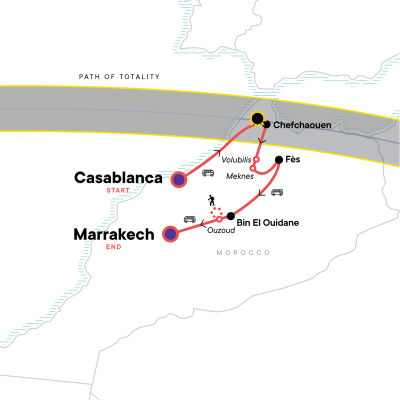 Map of the route for Morocco Eclipse 2027: Wonders of Earth & Sky