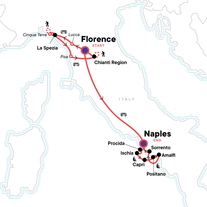 Map of the route for Tuscany to the Amalfi Coast: Italy by Land & Sea