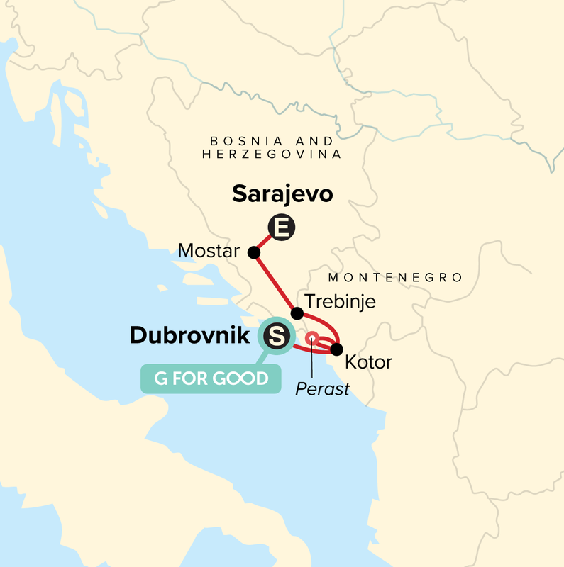 Map of the route for Journeys: Discover Montenegro and Bosnia