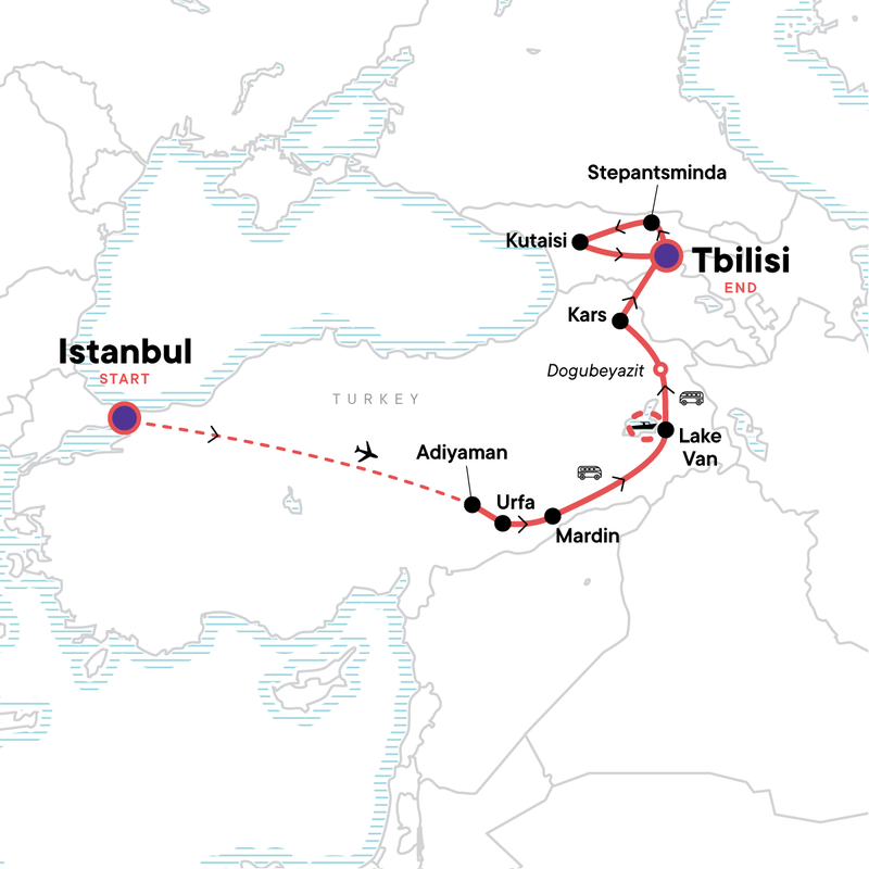 Map of the route for Eastern Turkey & Georgia Discovery