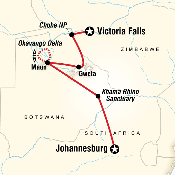 Map of the route for Botswana and Falls Overland: Wildlife Walks & Safari Drives