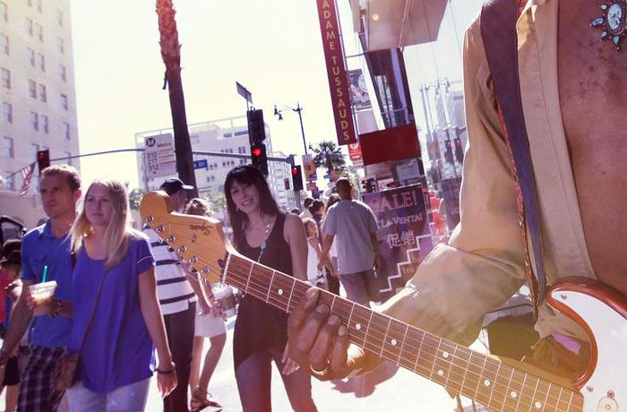 Pedestrians walking past electric guitar street performer in Hollywood, California, USA