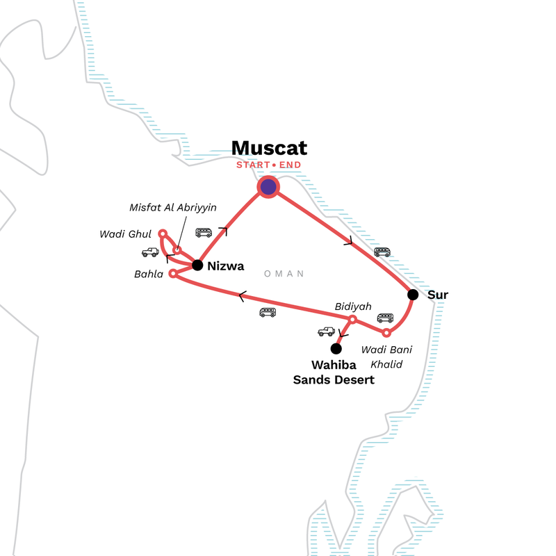 Map of the route for Highlights of Oman