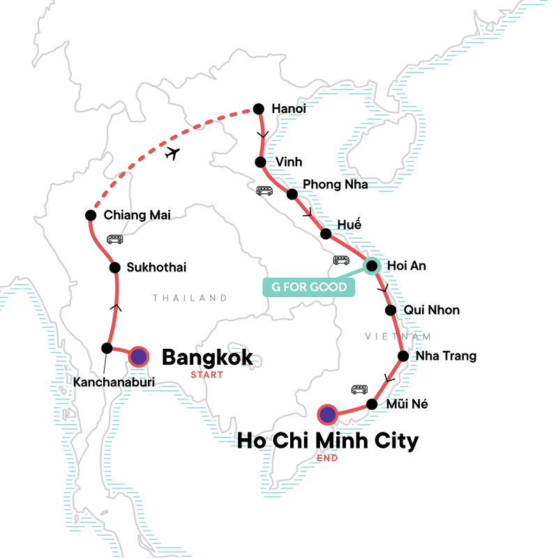 Map of the route for Thailand & Vietnam: Mountains & Coastlines – Plus