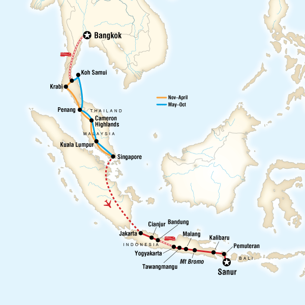 Map of the route for Bangkok to Kuta: Summits & Sunsets