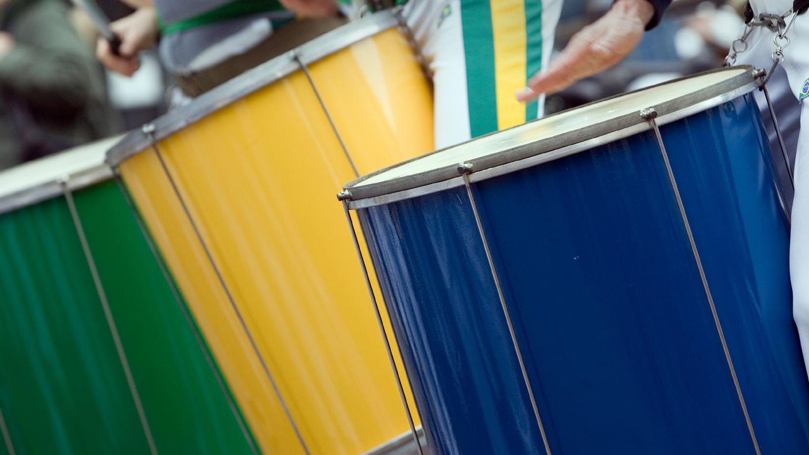 Up close shot of drummers playing during Carnival in Rio