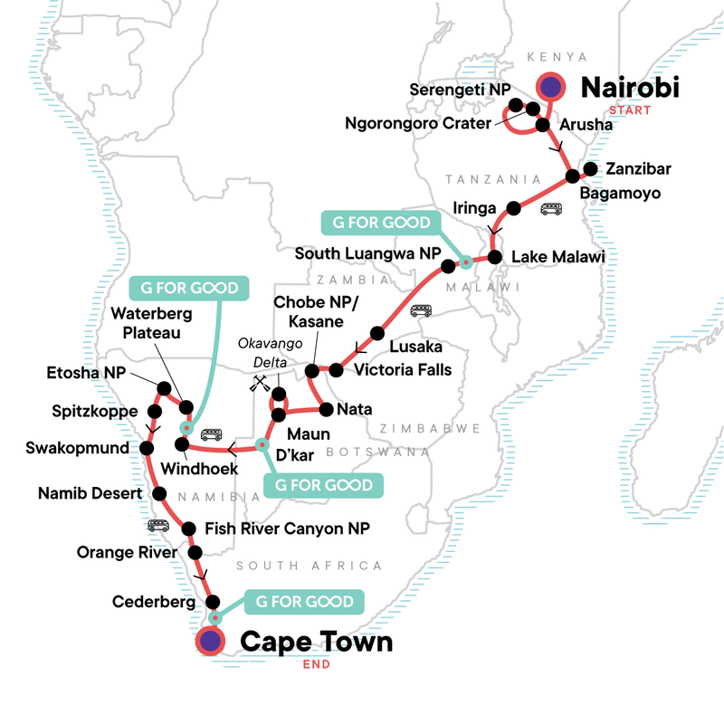 Map of the route for Serengeti, Falls & Cape Town Overland: Sunsets & Safaris