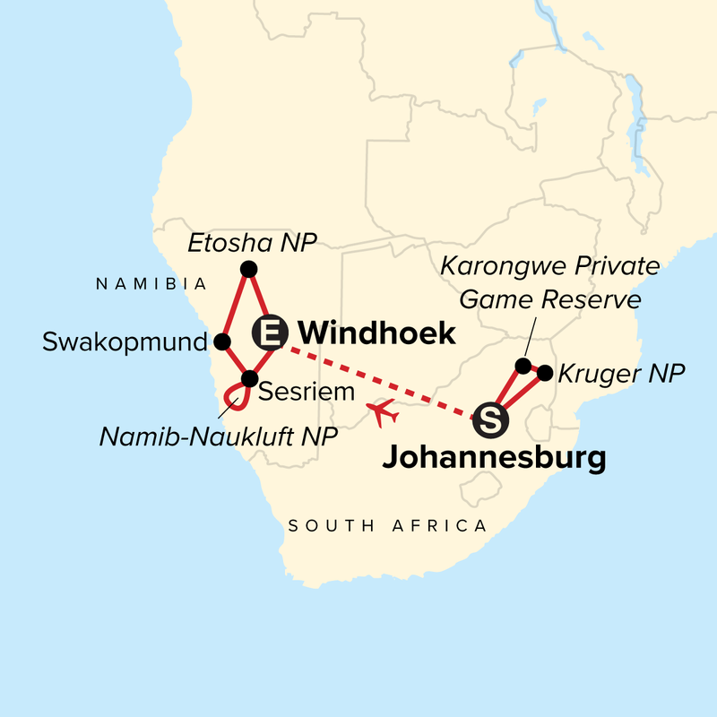 Map of the route for Journeys: Discover Kruger & Namibia