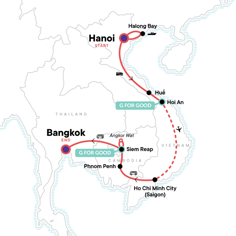 Map of the route for Essential Vietnam & Cambodia