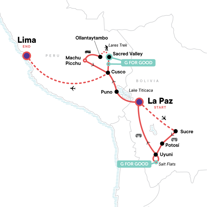 Map of the route for Bolivia to Peru: Lakes, Salt Flats & Machu Picchu