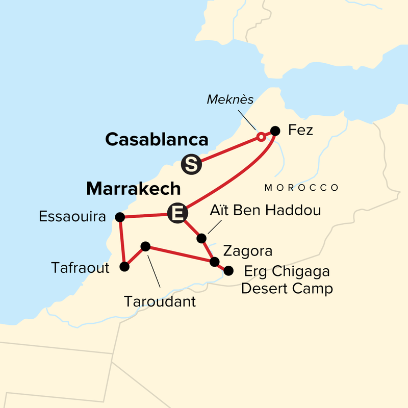 Map of the route for Journeys: Morocco in Depth