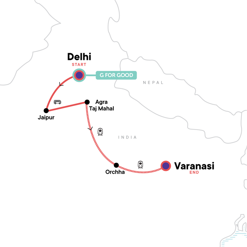 Map of the route for India’s Golden Triangle: Taj Mahal to the Ganges