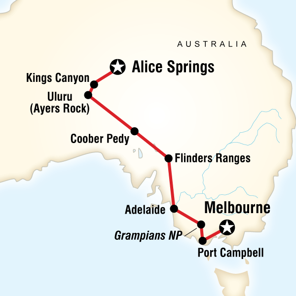 Map of the route for The Red Centre to Melbourne
