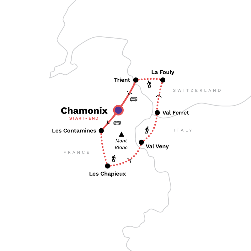 Map of the route for Trekking Mont Blanc
