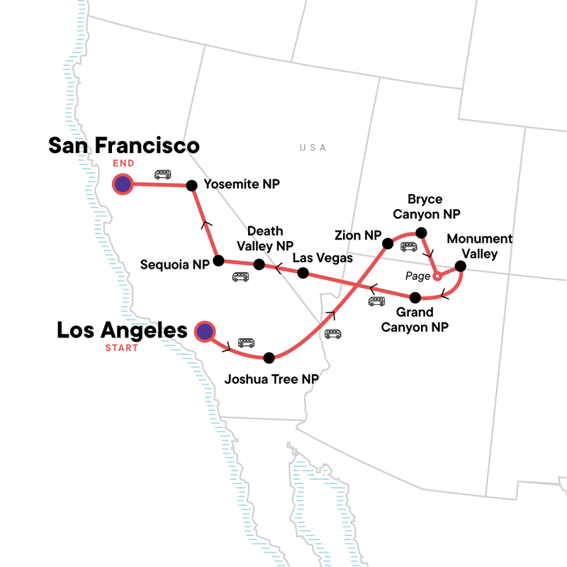 Map of the route for USA National Parks Explorer