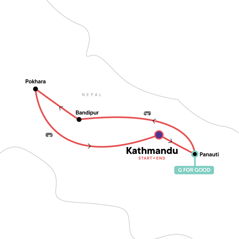 Map of the route for Nepal: Mountains and Temples