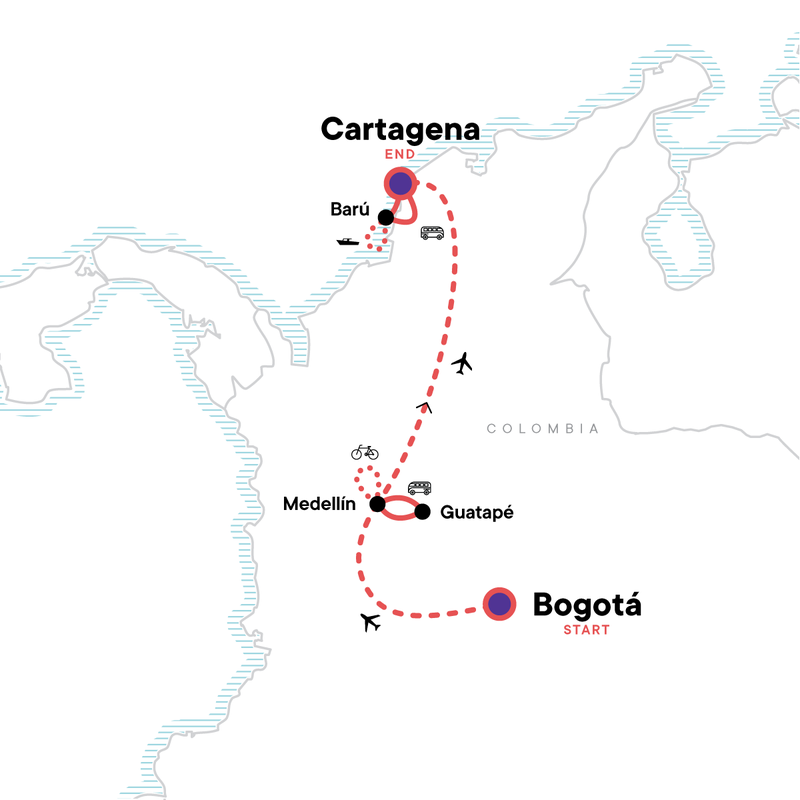 Map of the route for Colombia: Andean Vistas to Guatapé & the Caribbean