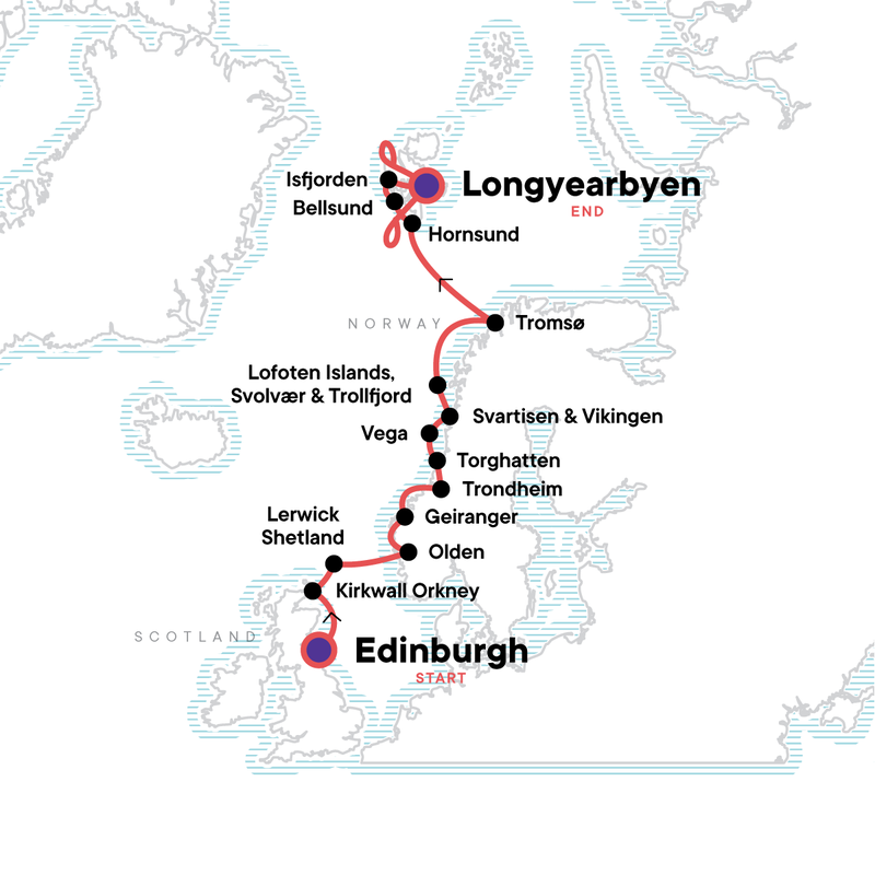 Map of the route for Norwegian Fjords and Realm of the Polar Bear