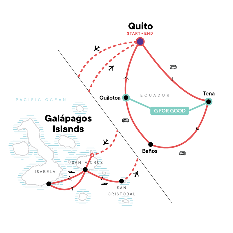 Map of the route for Ecuador to Galápagos: Jungle Beats & Island Heat