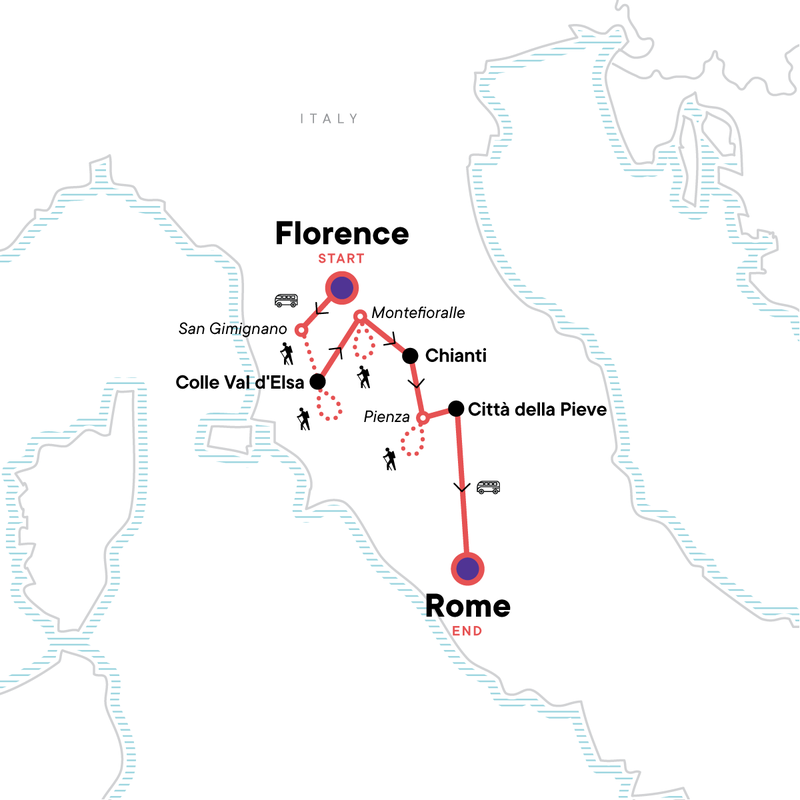 Map of the route for Italy: Florence to Rome, Walking the Vineyards of Tuscany and Umbria