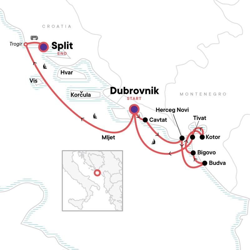 Map of the route for Montenegro & Croatia Sailing