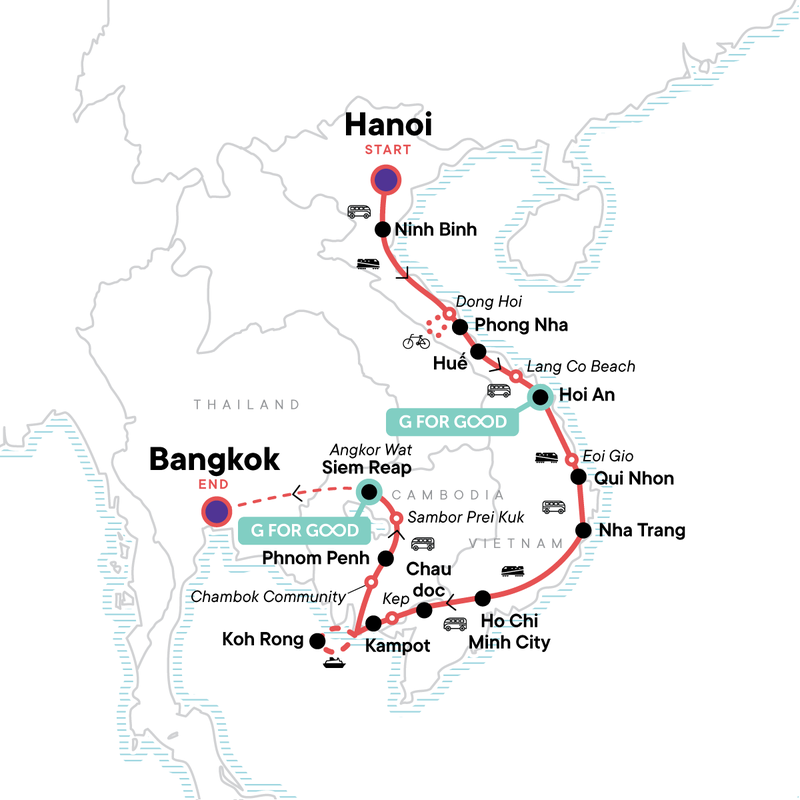 Map of the route for 27 Days in Southeast Asia: Cambodia, Vietnam & Big Nights in Bangkok