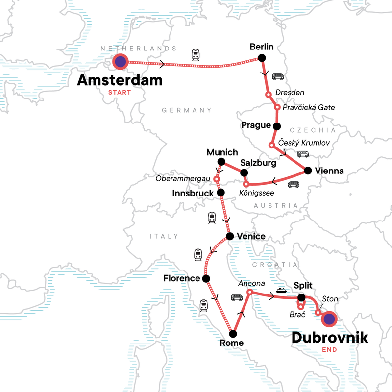 Map of the route for Total Europe: Berlin, Prague & the Tastes of Italy