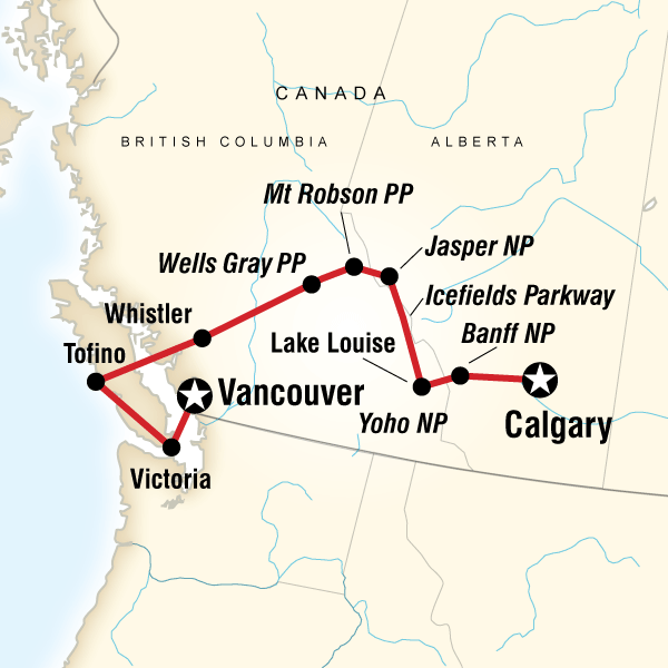 Map of the route for Canadian Rockies: National Parks Westbound