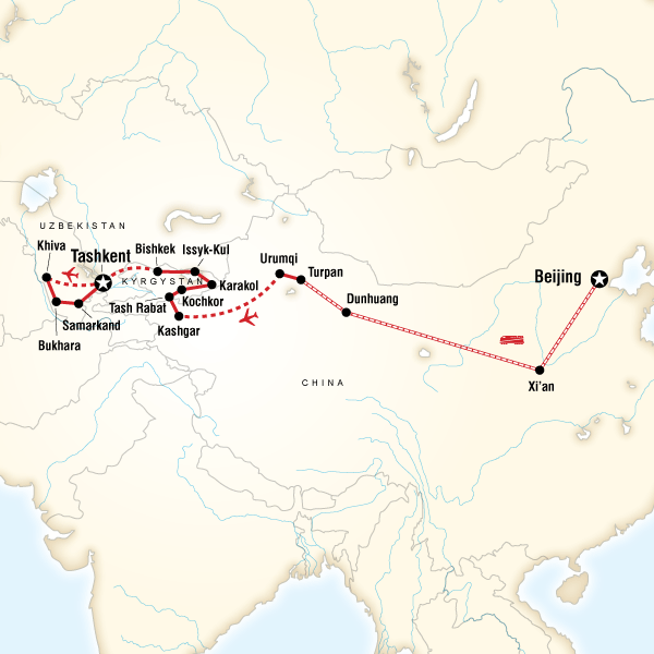 Map of the route for Central Asia on the Silk Road