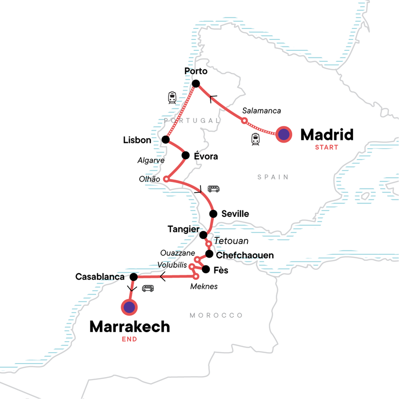 Map of the route for Spain, Portugal, and Morocco Adventure