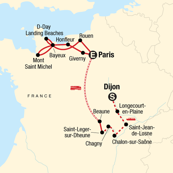 Map of the route for Explore Normandy & Burgundy