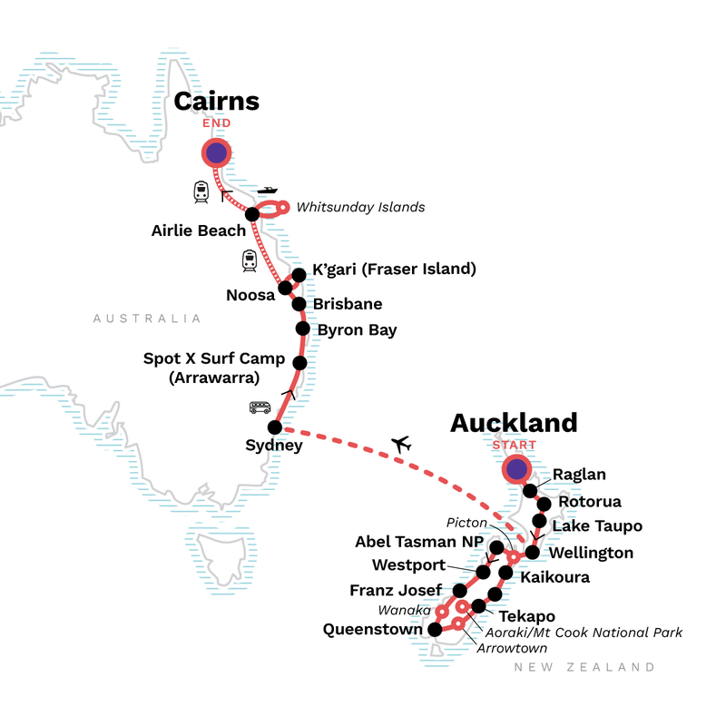 Map of the route for Australia & New Zealand:  A Month Down Under