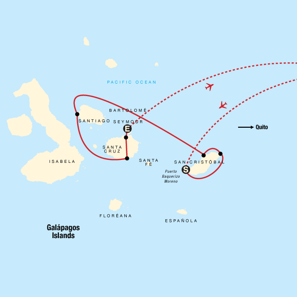 Map of the route for Galápagos Land & Sea — Central & East Islands aboard the Xavier III