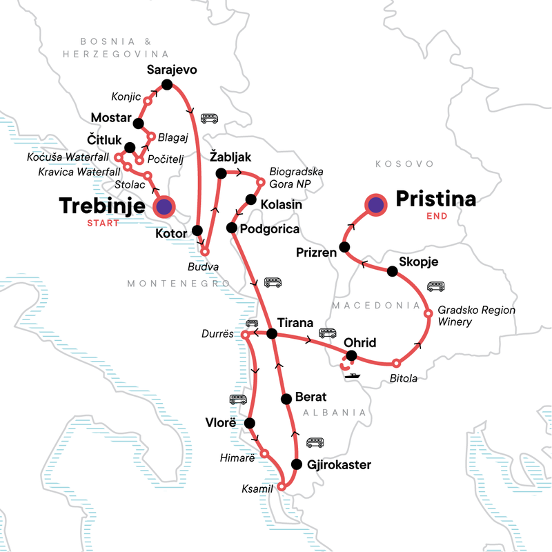Map of the route for Classic Balkan Adventure:  Trebinje to Pristina