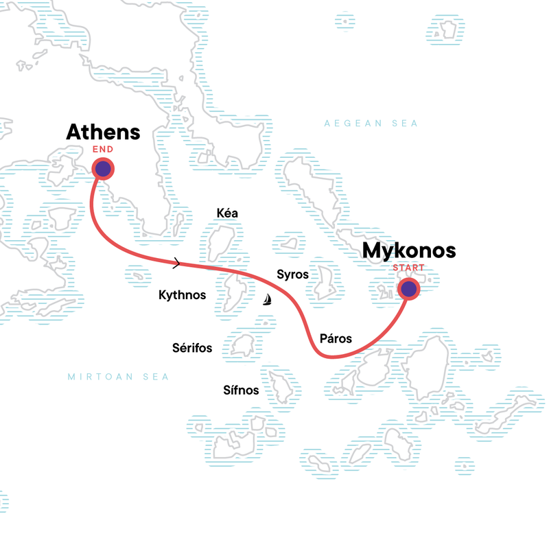 Map of the route for Sailing Greece - Mykonos to Athens