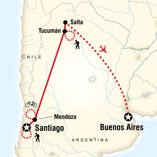 Map of the route for Active Chile & Argentina