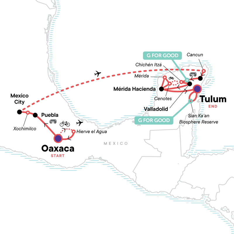 Map of the route for Mexico: Central Mexico & the Yucatan Peninsula