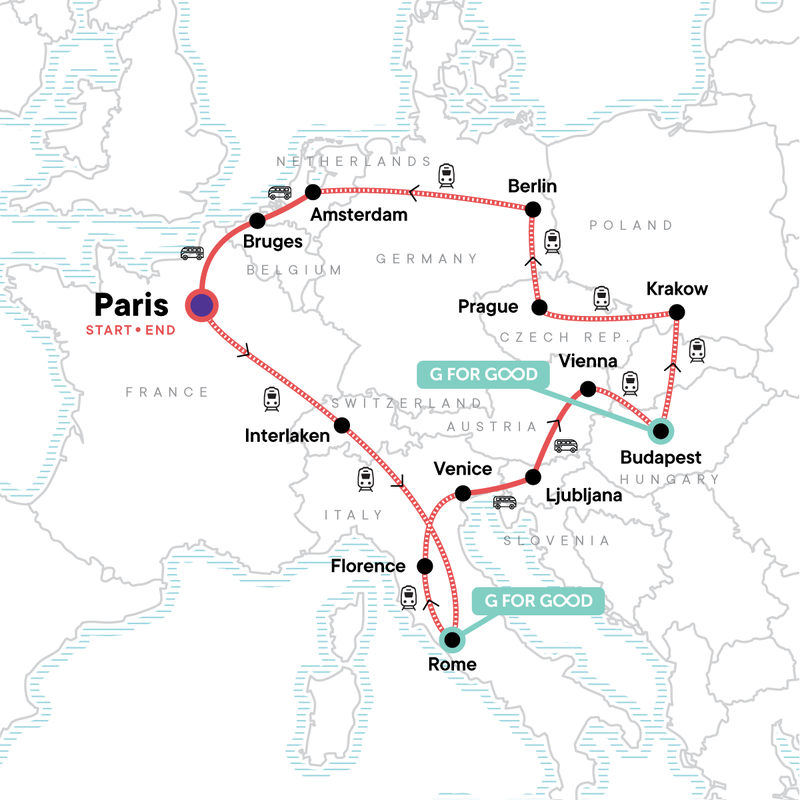 Map of the route for European Trail: Capitals & Cafés