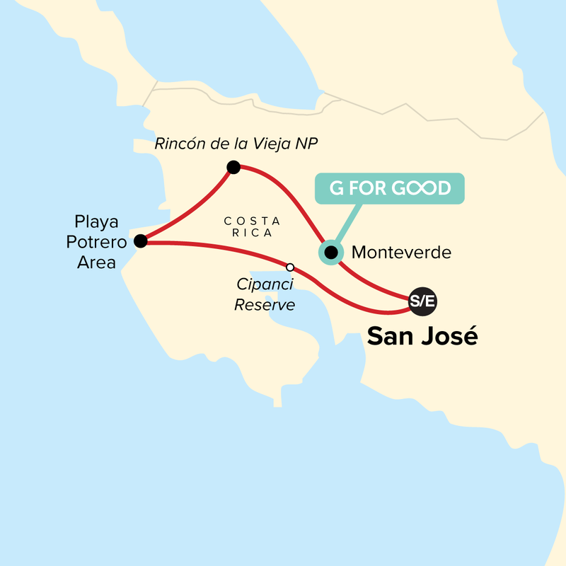 Map of the route for Costa Rica Family Journey: From Rainforest to Coast