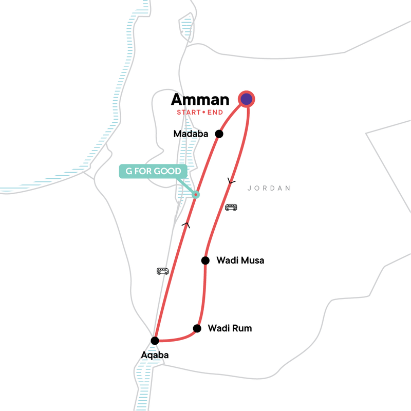 Map of the route for Essential Jordan: Dead Sea & Desert Stars